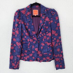 ModCloth Jacket Womens XS Purple Pink Floral Peplum Puff Shoulder Blazer Preppy